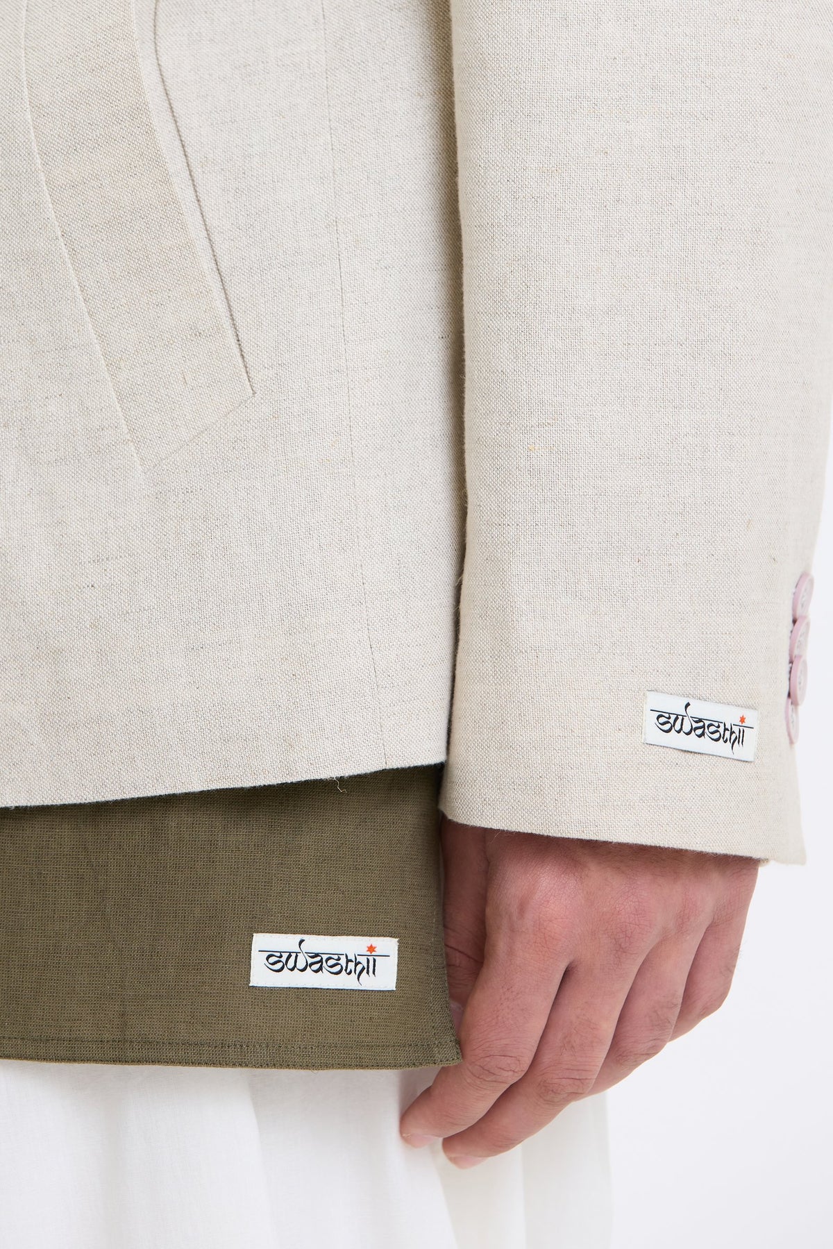 Cotton-Linen Blazer – Beige by Swasthii, worn by a model – view 7