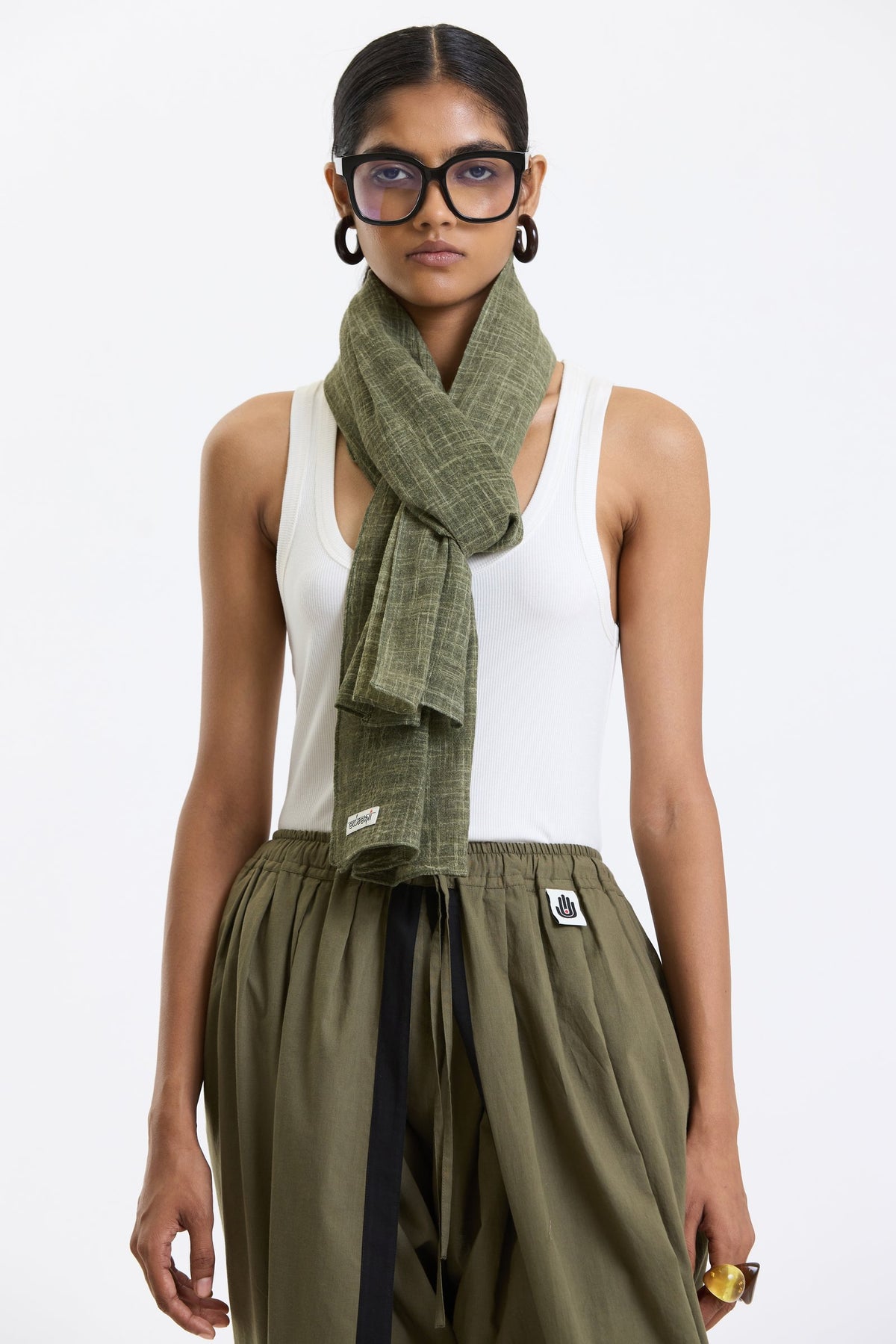 Cotton Stole – Olive Green by Swasthii, worn by a model – view 2
