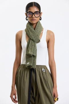 Cotton Stole – Olive Green by Swasthii, worn by a model – view 2