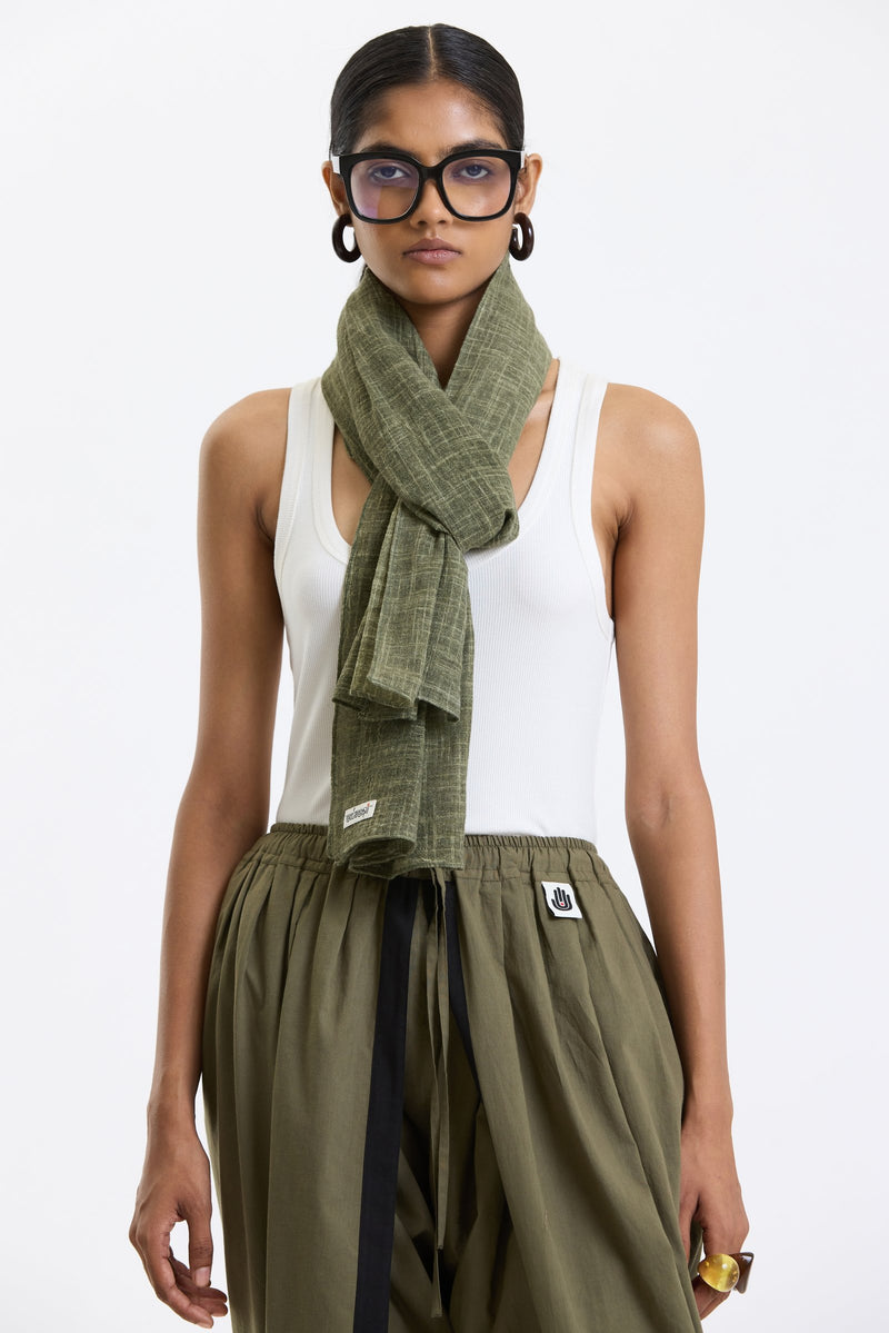 Cotton Stole – Olive Green by Swasthii, worn by a model – view 2