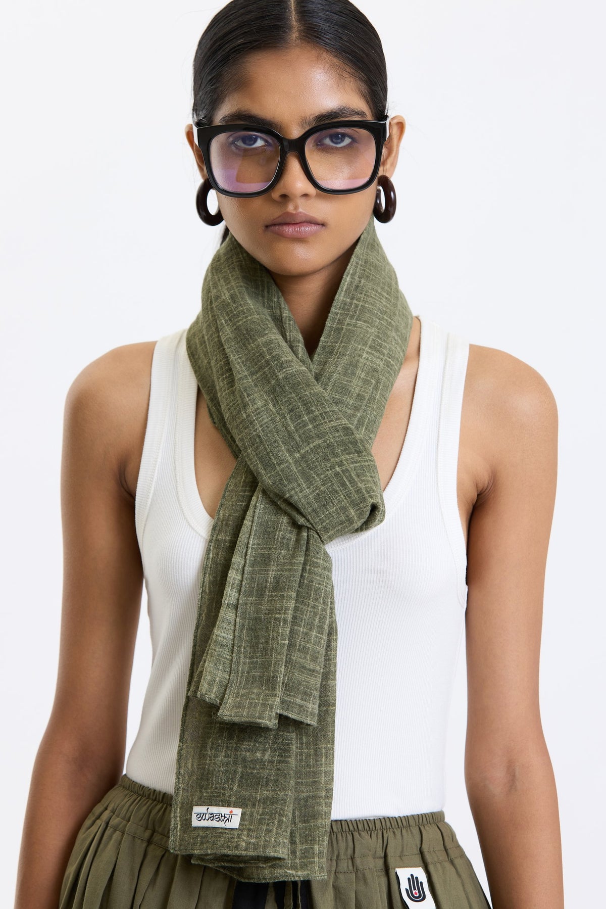 Cotton Stole – Olive Green by Swasthii, worn by a model – view 3