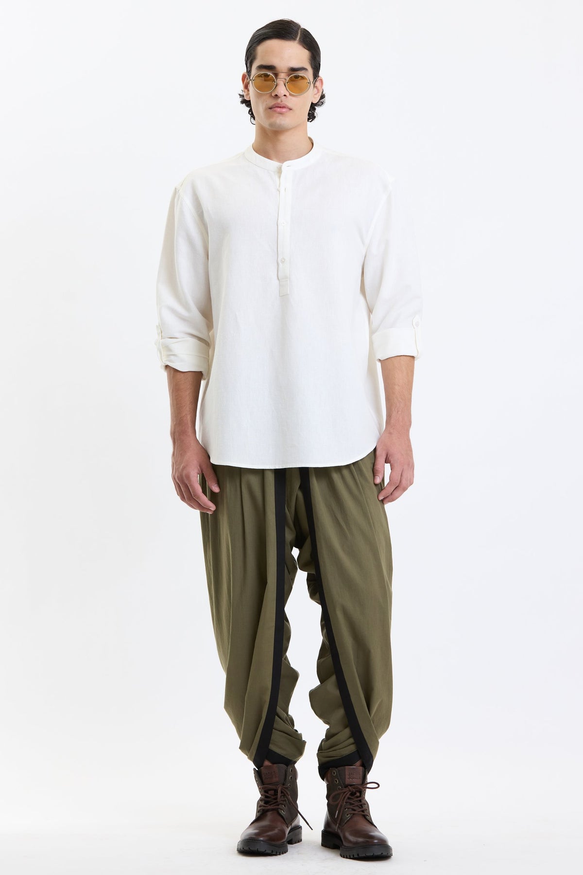 Full Sleeve Mandarin Collar Shirt – White by Swasthii, worn by a model – view 1