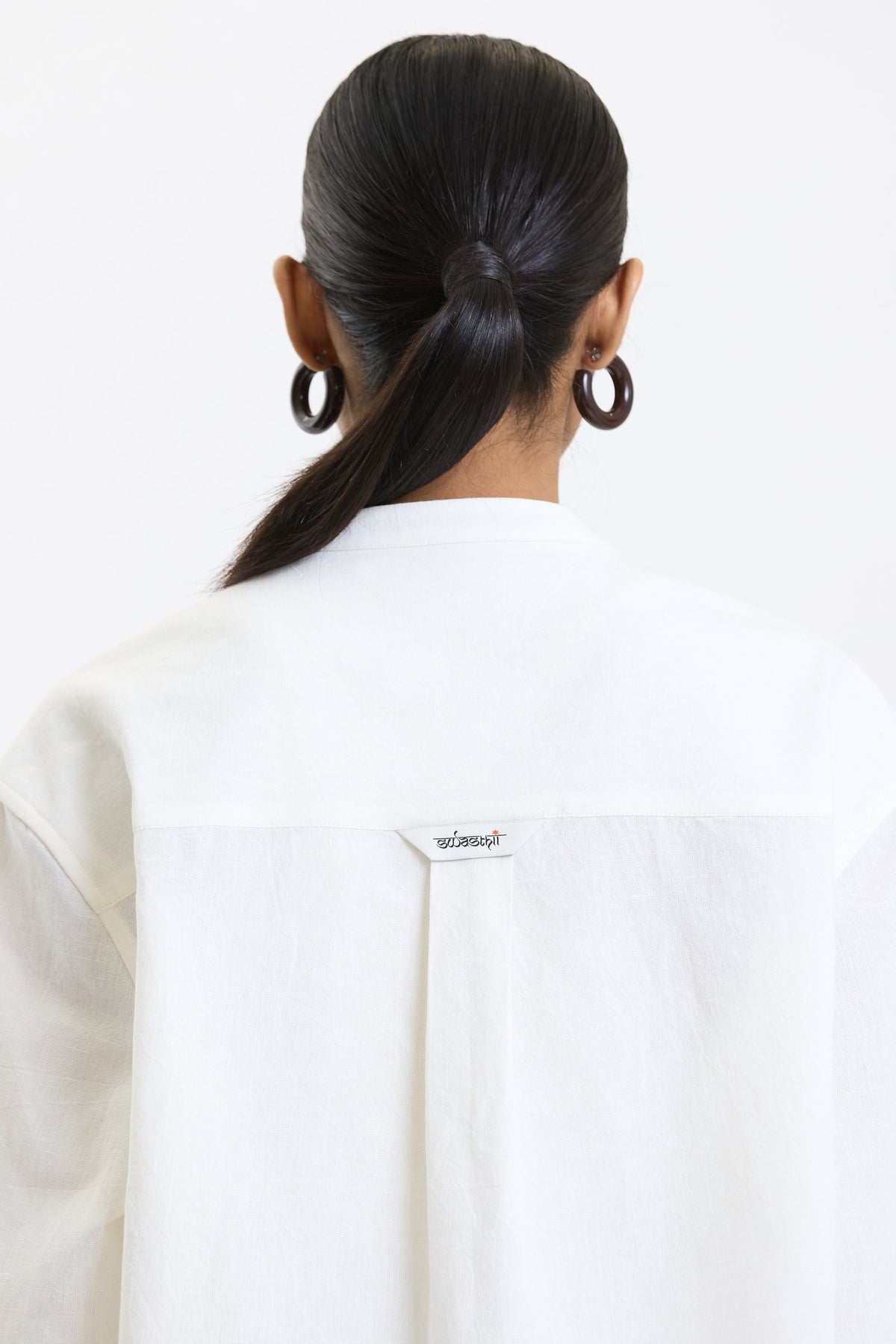 Full Sleeve Mandarin Collar Shirt – White by Swasthii, worn by a model – view 5