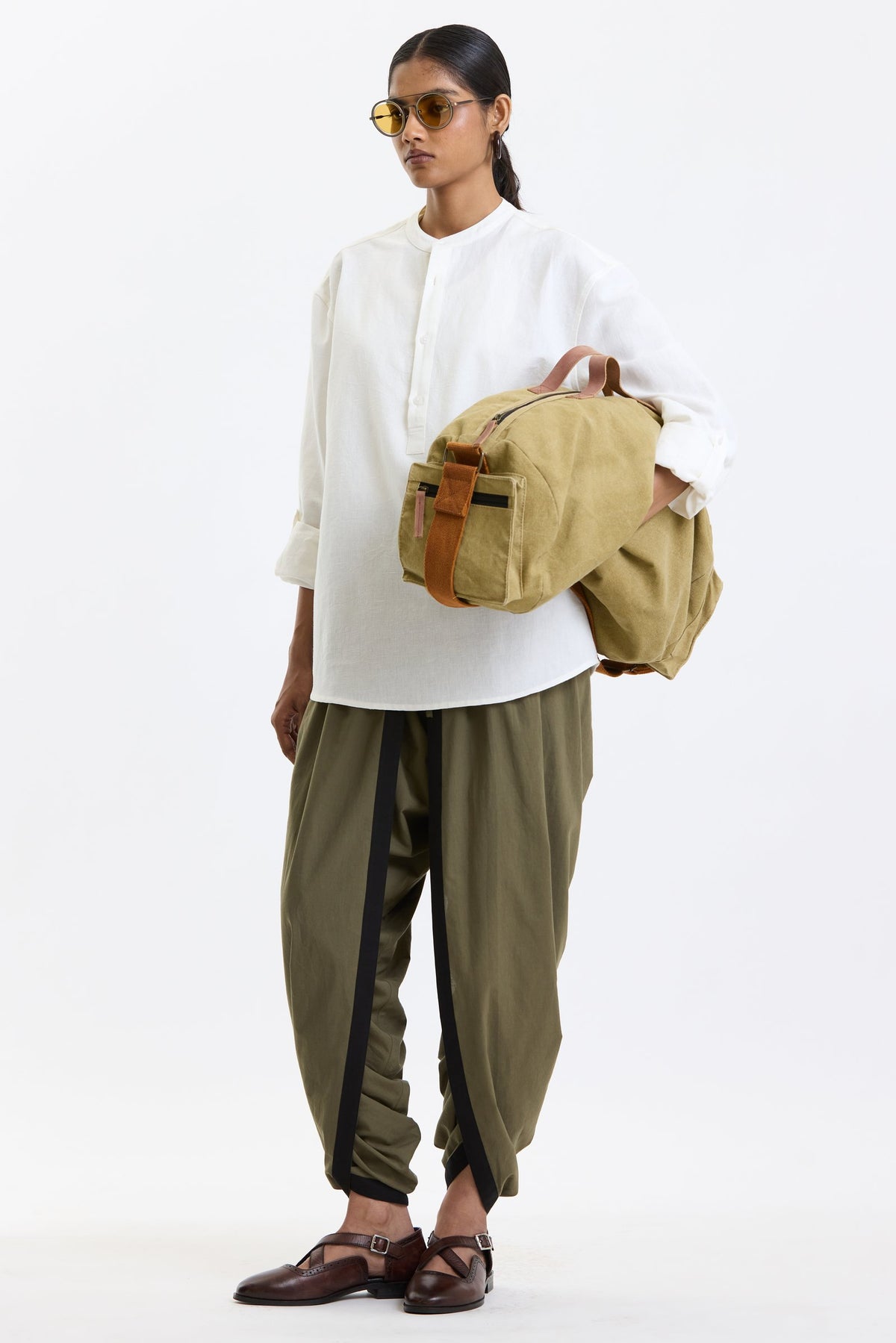 Full Sleeve Mandarin Collar Shirt – White by Swasthii, worn by a model – view 6