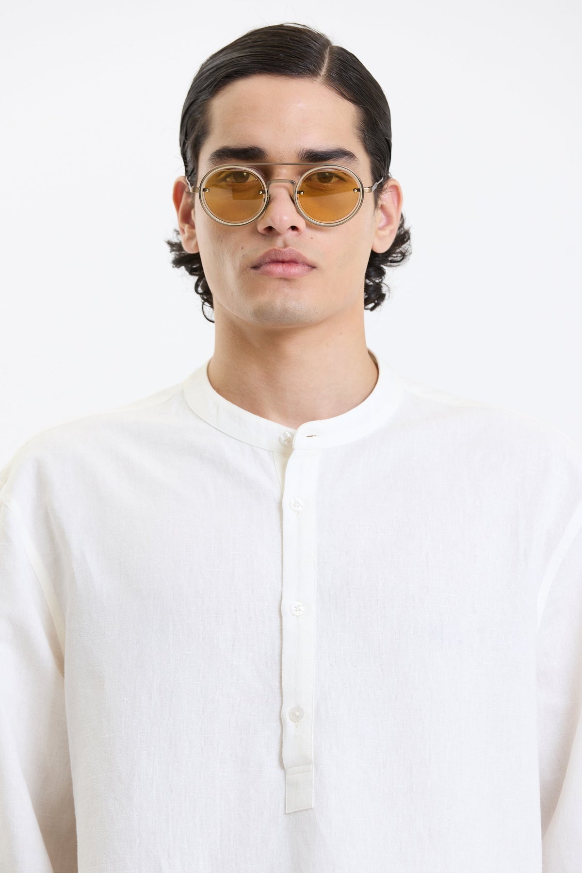 Full Sleeve Mandarin Collar Shirt – White by Swasthii, worn by a model – view 4