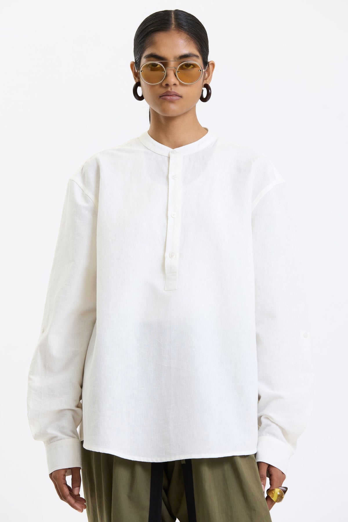 Full Sleeve Mandarin Collar Shirt – White by Swasthii, worn by a model – view 2
