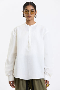 Full Sleeve Mandarin Collar Shirt – White by Swasthii, worn by a model – view 2