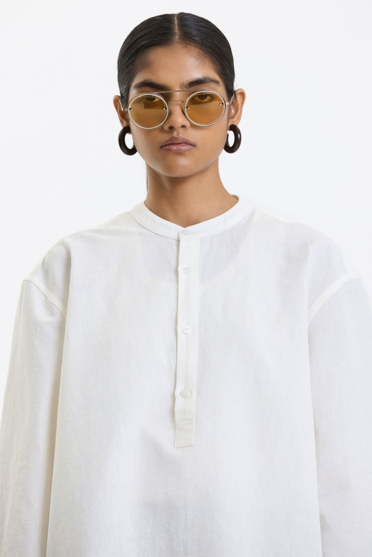 Full Sleeve Mandarin Collar Shirt – White by Swasthii, worn by a model – view 3