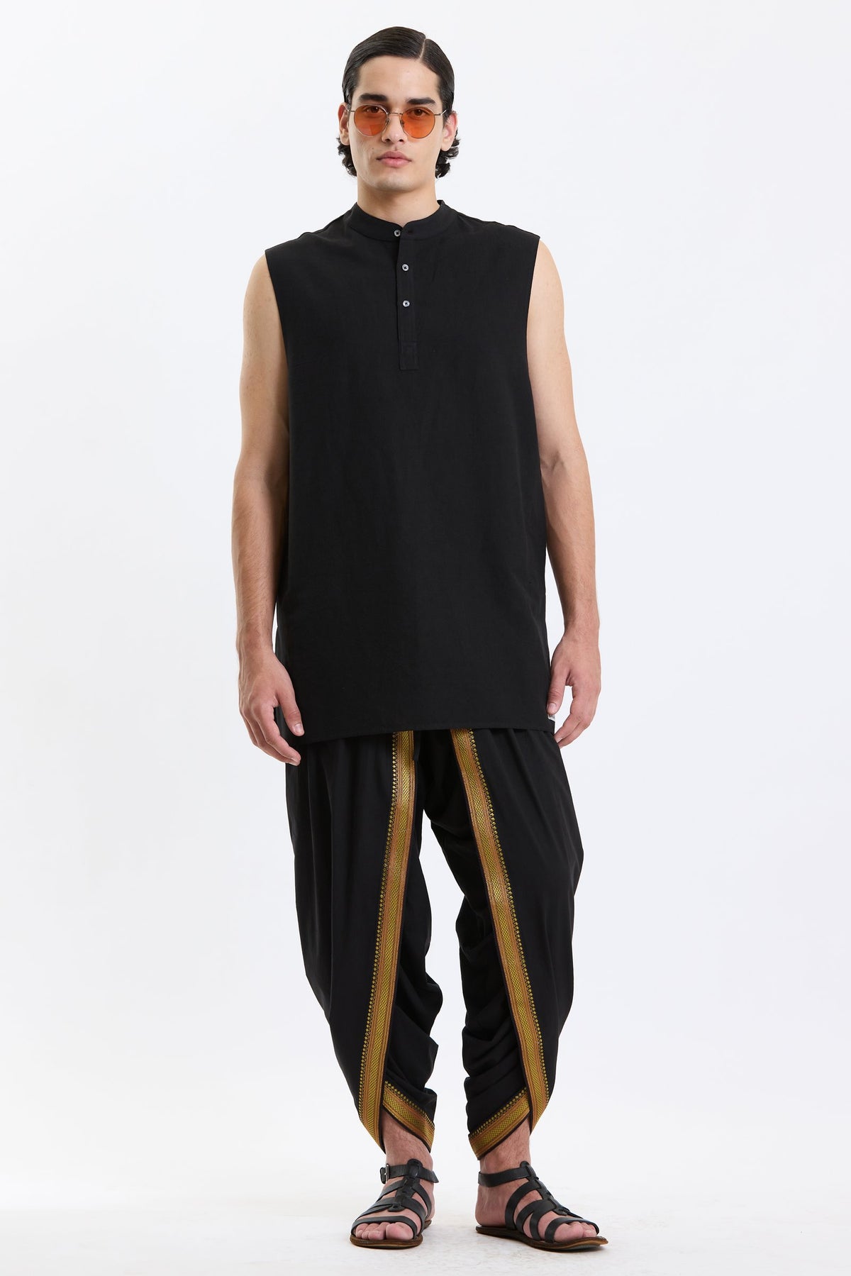 Mandarin Collar Vest – Black by Swasthii, worn by a model – view 1