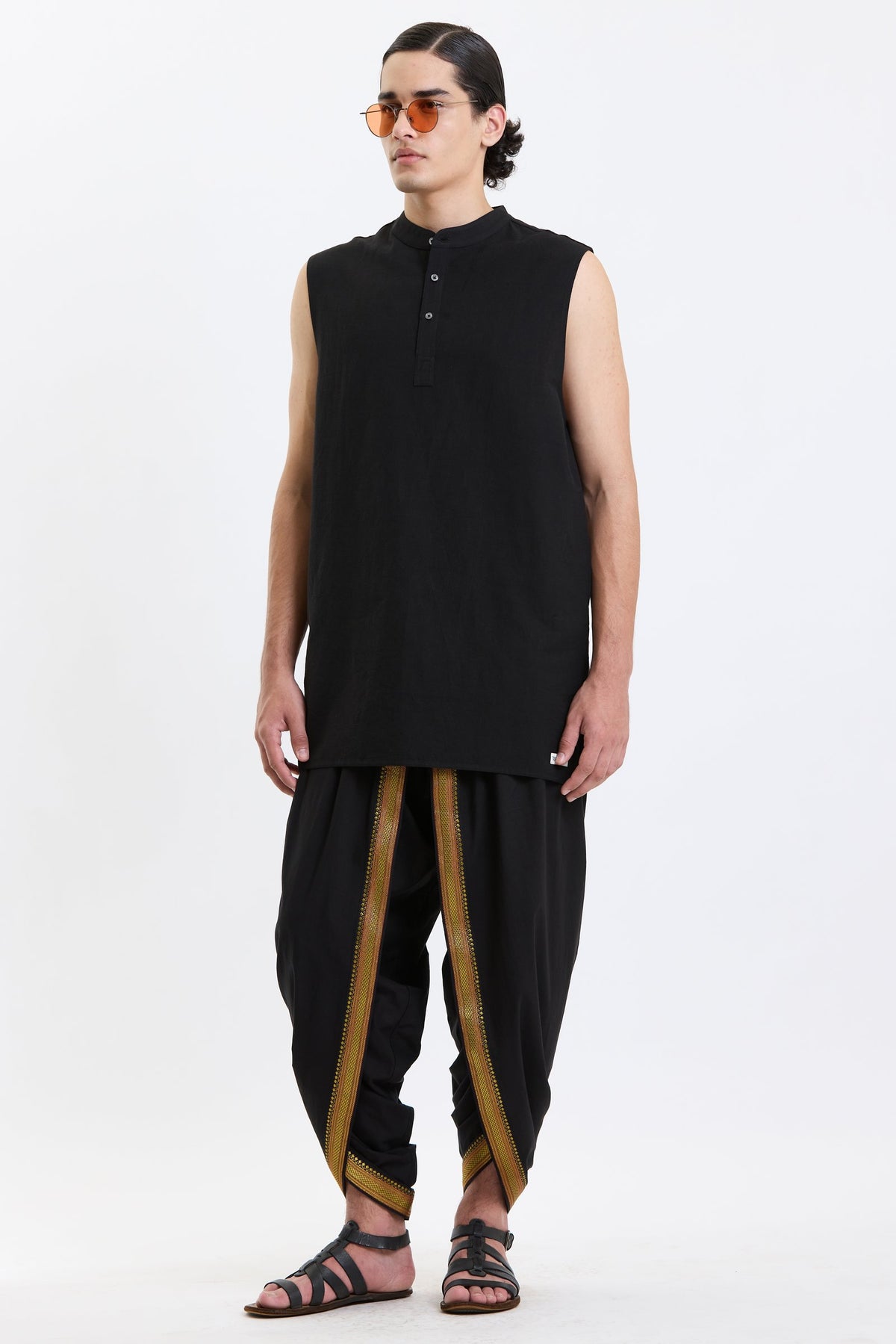 Mandarin Collar Vest – Black by Swasthii, worn by a model – view 2