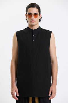 Mandarin Collar Vest – Black by Swasthii, worn by a model – view 4
