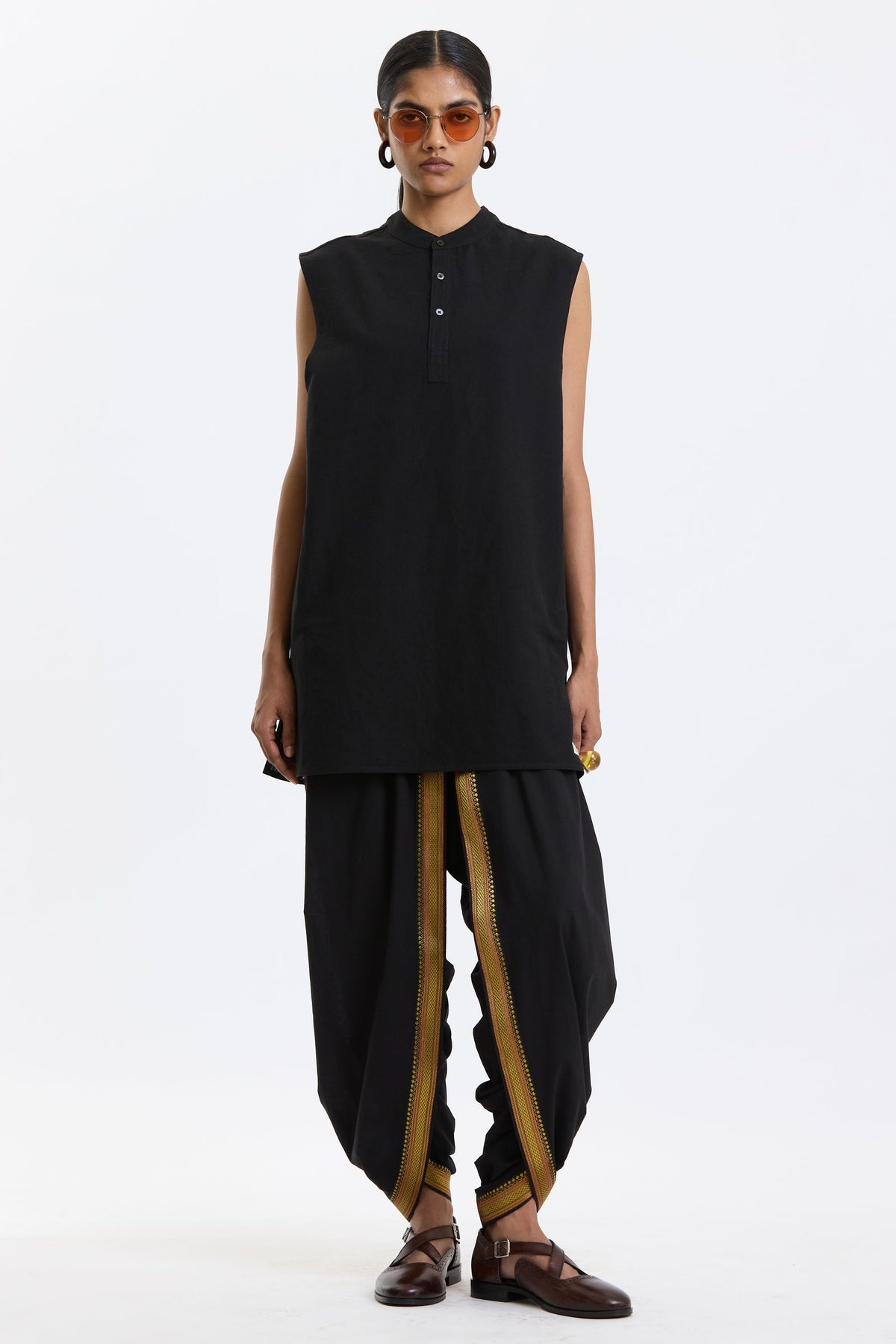 Mandarin Collar Vest – Black by Swasthii, worn by a model – view 1