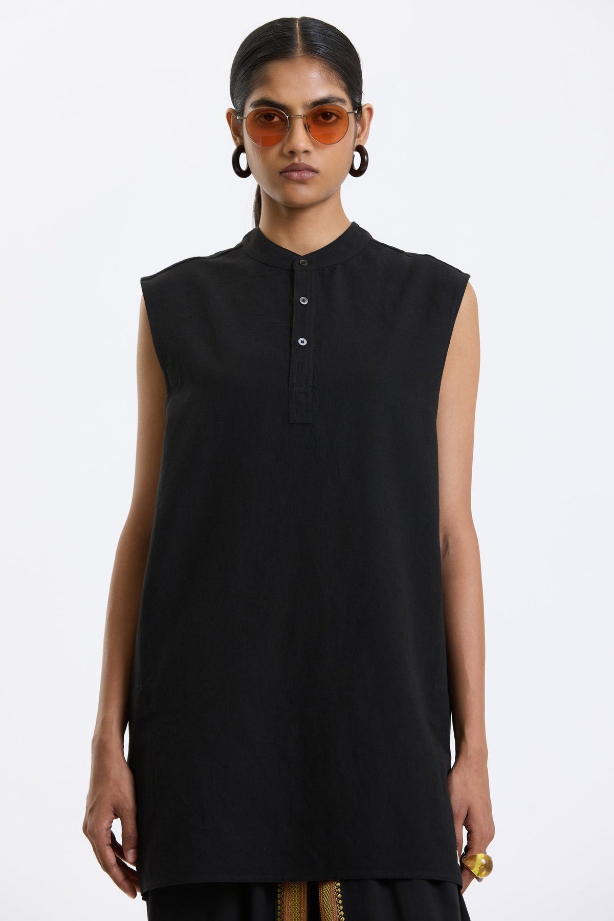 Mandarin Collar Vest – Black by Swasthii, worn by a model – view 2