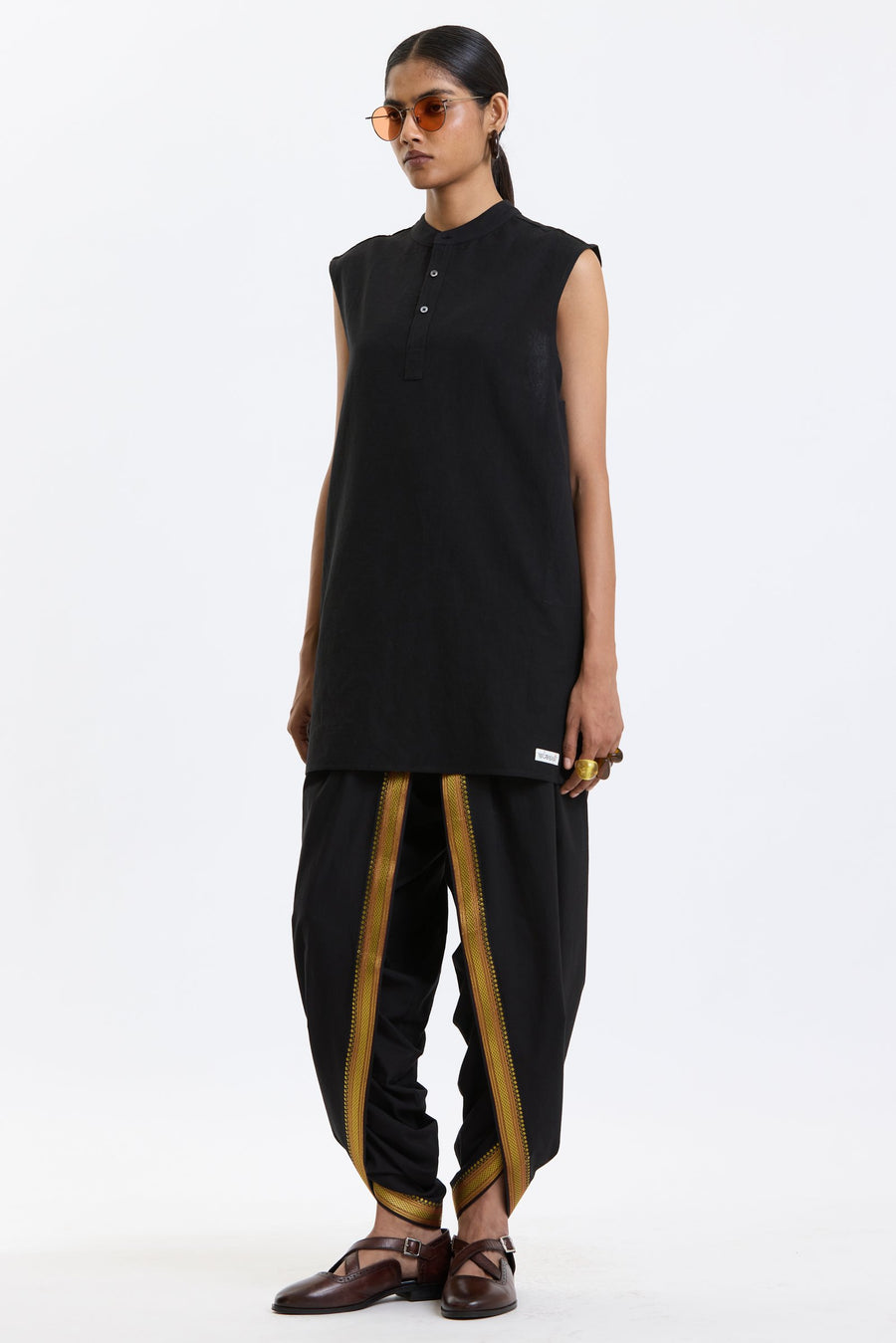 Mandarin Collar Vest – Black by Swasthii, worn by a model – view 4