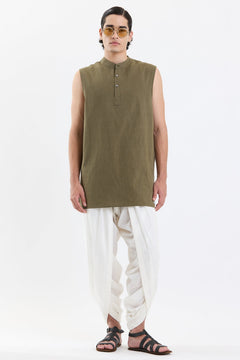 Mandarin Collar Vest – Olive Green by Swasthii, worn by a model – view 1