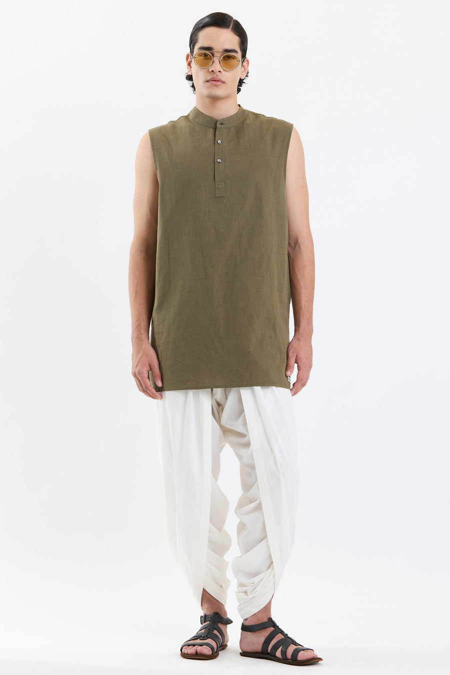 Mandarin Collar Vest – Olive Green by Swasthii, worn by a model – view 1