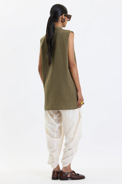 Mandarin Collar Vest – Olive Green by Swasthii, worn by a model – view 5