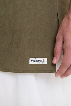 Mandarin Collar Vest – Olive Green by Swasthii, worn by a model – view 2