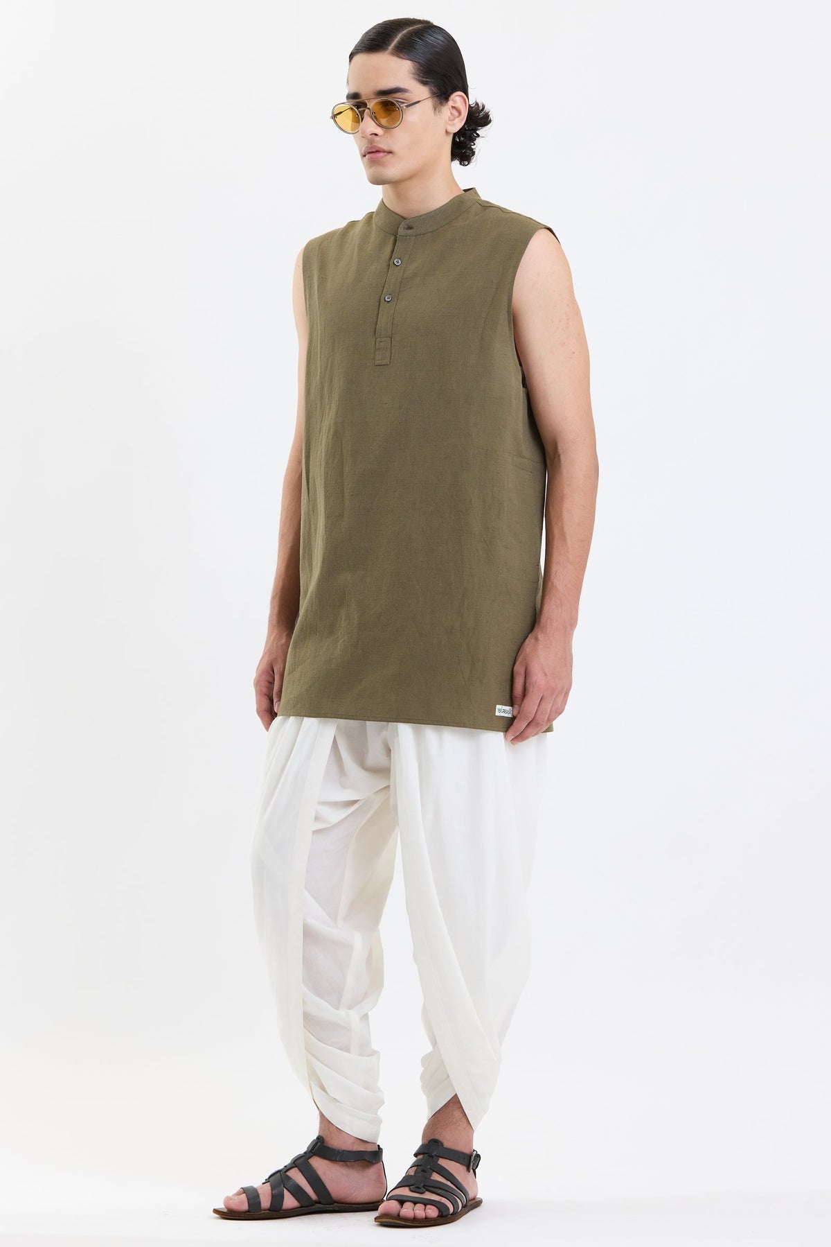 Mandarin Collar Vest – Olive Green by Swasthii, worn by a model – view 3