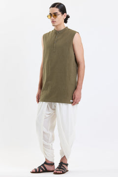 Mandarin Collar Vest – Olive Green by Swasthii, worn by a model – view 3