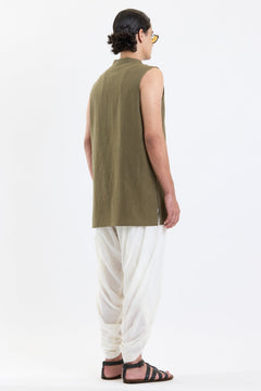 Mandarin Collar Vest – Olive Green by Swasthii, worn by a model – view 4