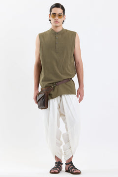 Mandarin Collar Vest – Olive Green by Swasthii, worn by a model – view 5