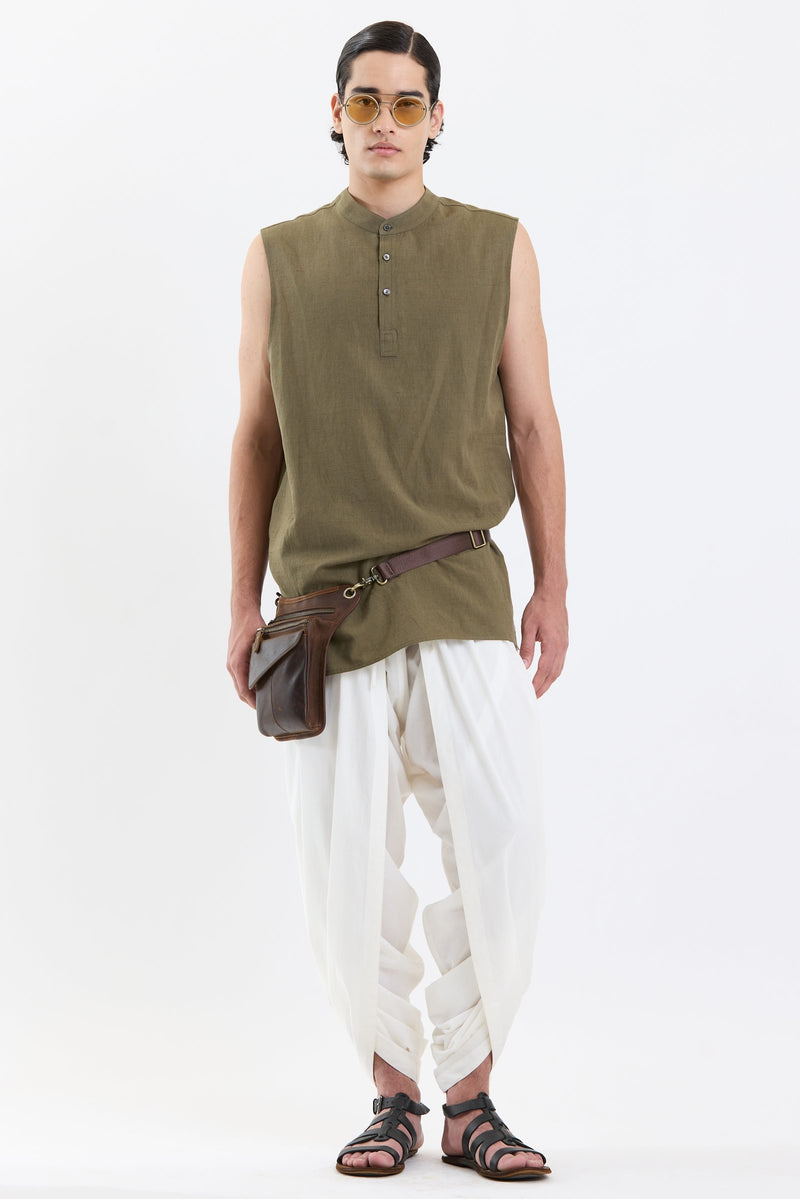 Mandarin Collar Vest – Olive Green by Swasthii, worn by a model – view 5