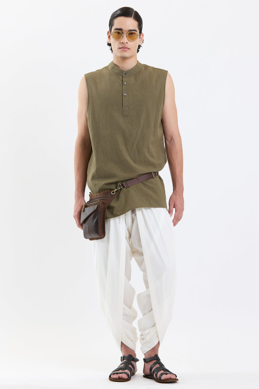 Mandarin Collar Vest – Olive Green by Swasthii, worn by a model – view 5
