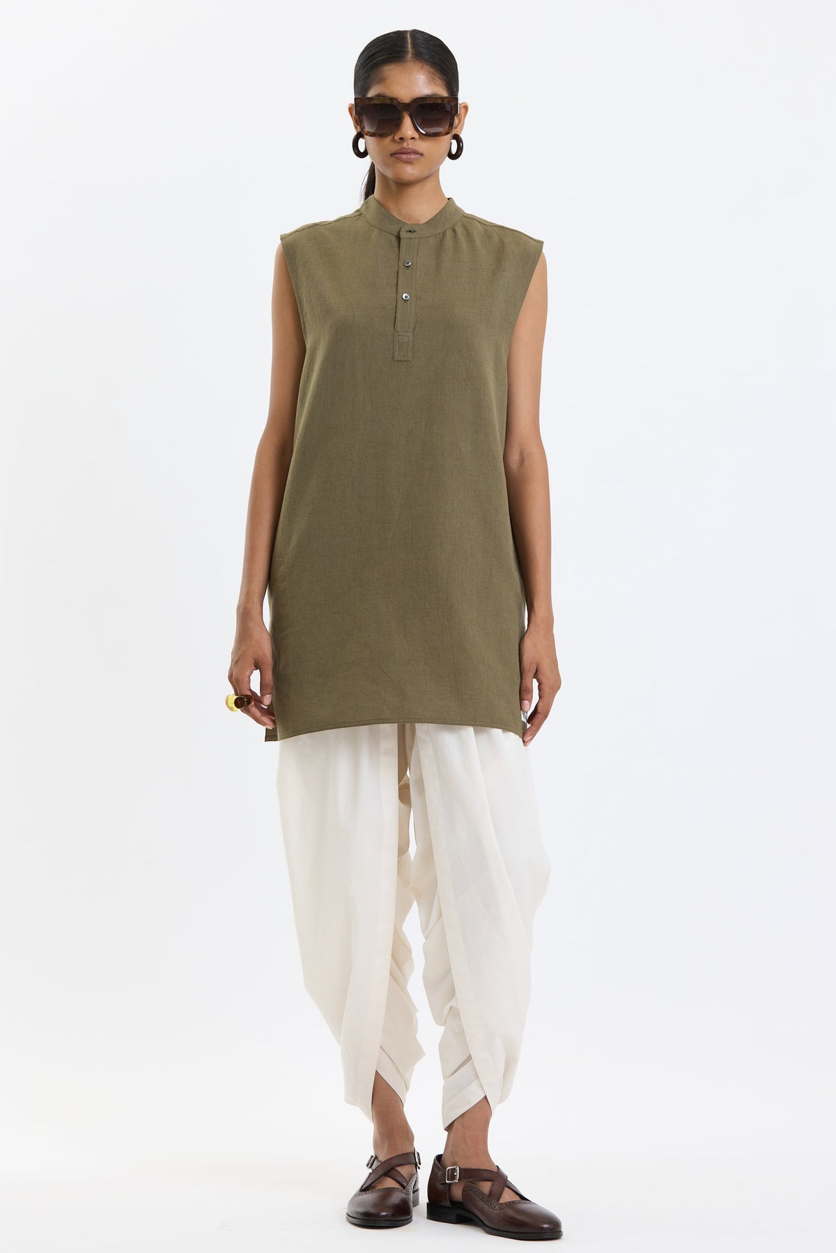 Mandarin Collar Vest – Olive Green by Swasthii, worn by a model – view 1