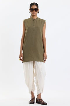 Mandarin Collar Vest – Olive Green by Swasthii, worn by a model – view 1