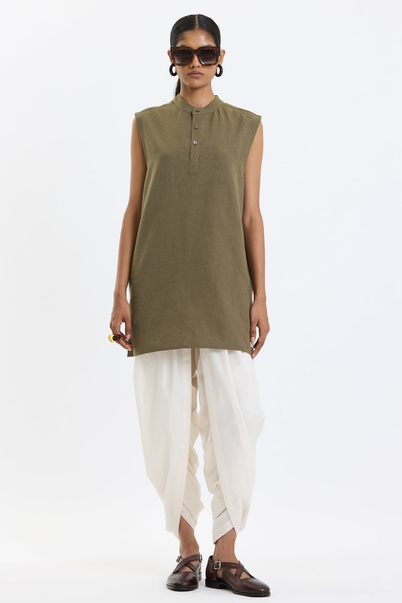 Mandarin Collar Vest – Olive Green by Swasthii, worn by a model – view 1