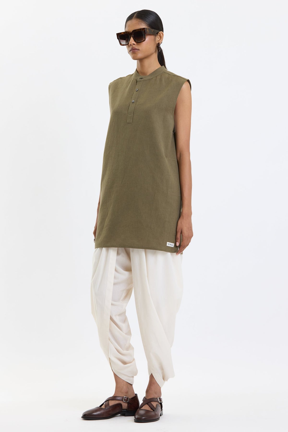 Mandarin Collar Vest – Olive Green by Swasthii, worn by a model – view 2