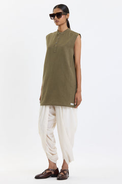 Mandarin Collar Vest – Olive Green by Swasthii, worn by a model – view 2
