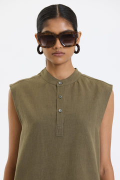 Mandarin Collar Vest – Olive Green by Swasthii, worn by a model – view 4