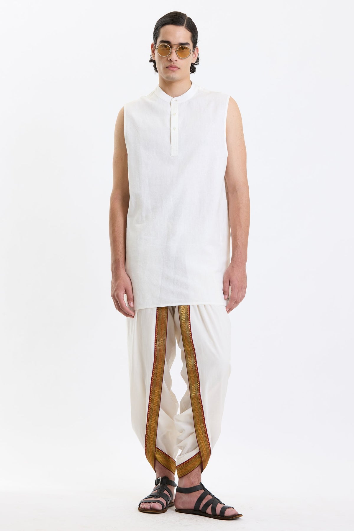 Mandarin Collar Vest – White by Swasthii, worn by a model – view 1