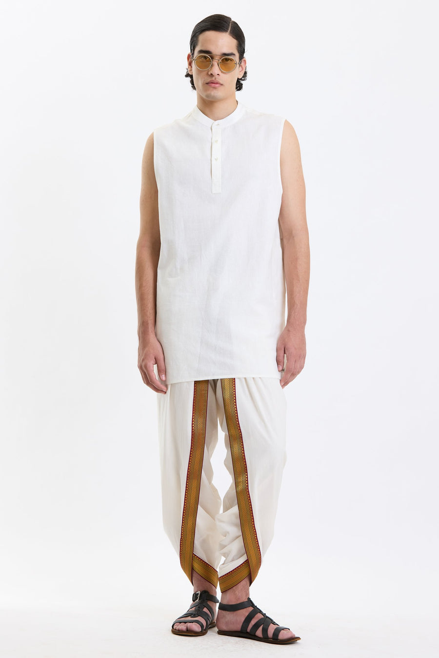 Mandarin Collar Vest – White by Swasthii, worn by a model – view 1