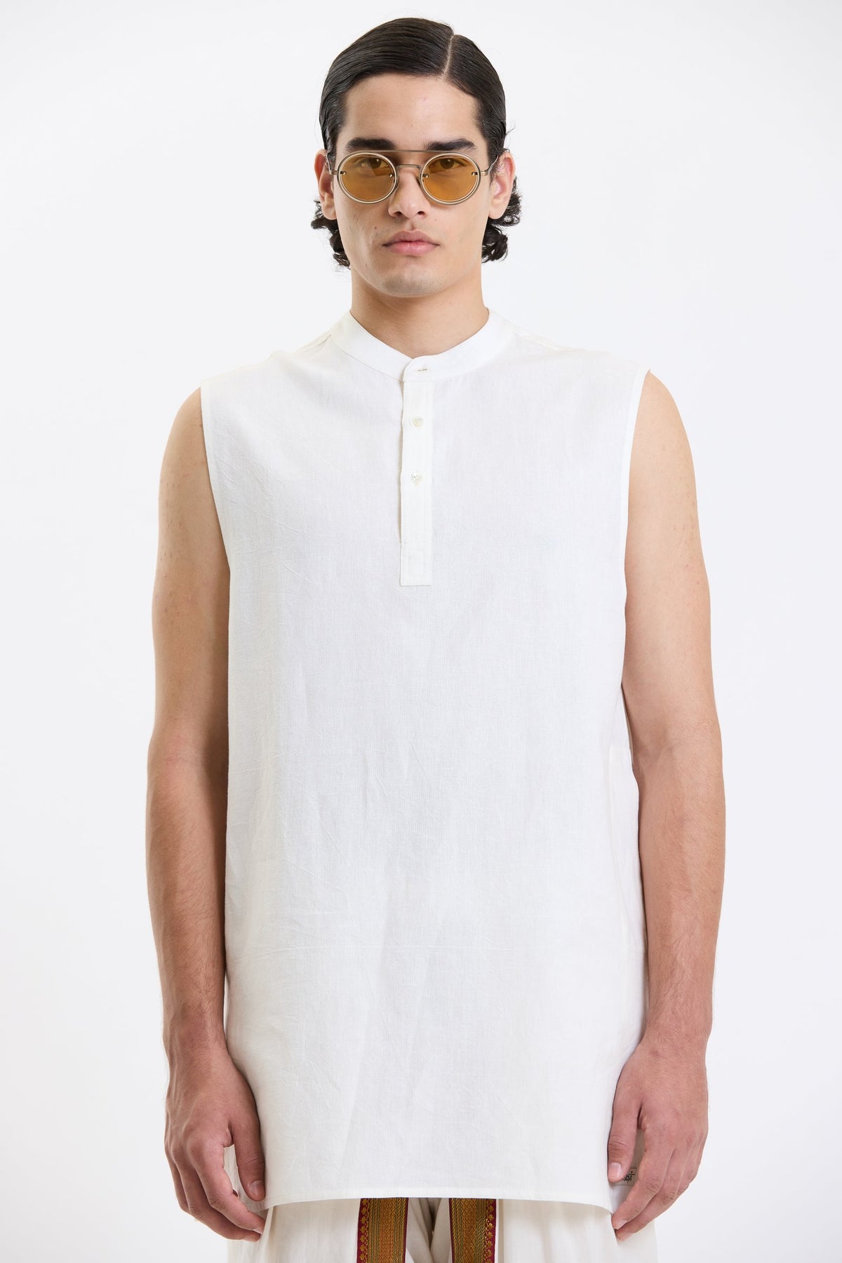 Mandarin Collar Vest – White by Swasthii, worn by a model – view 2