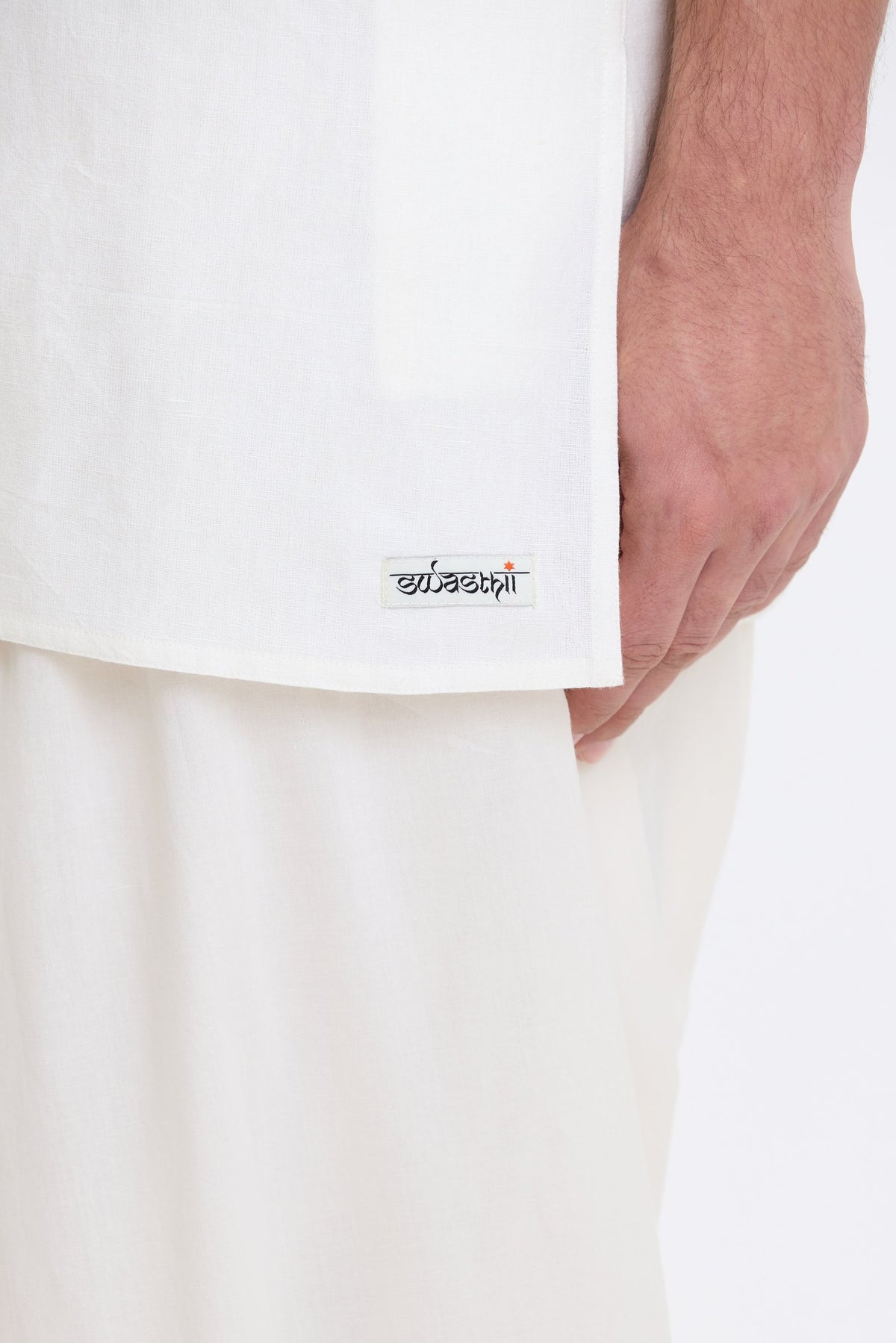 Mandarin Collar Vest – White by Swasthii, worn by a model – view 3