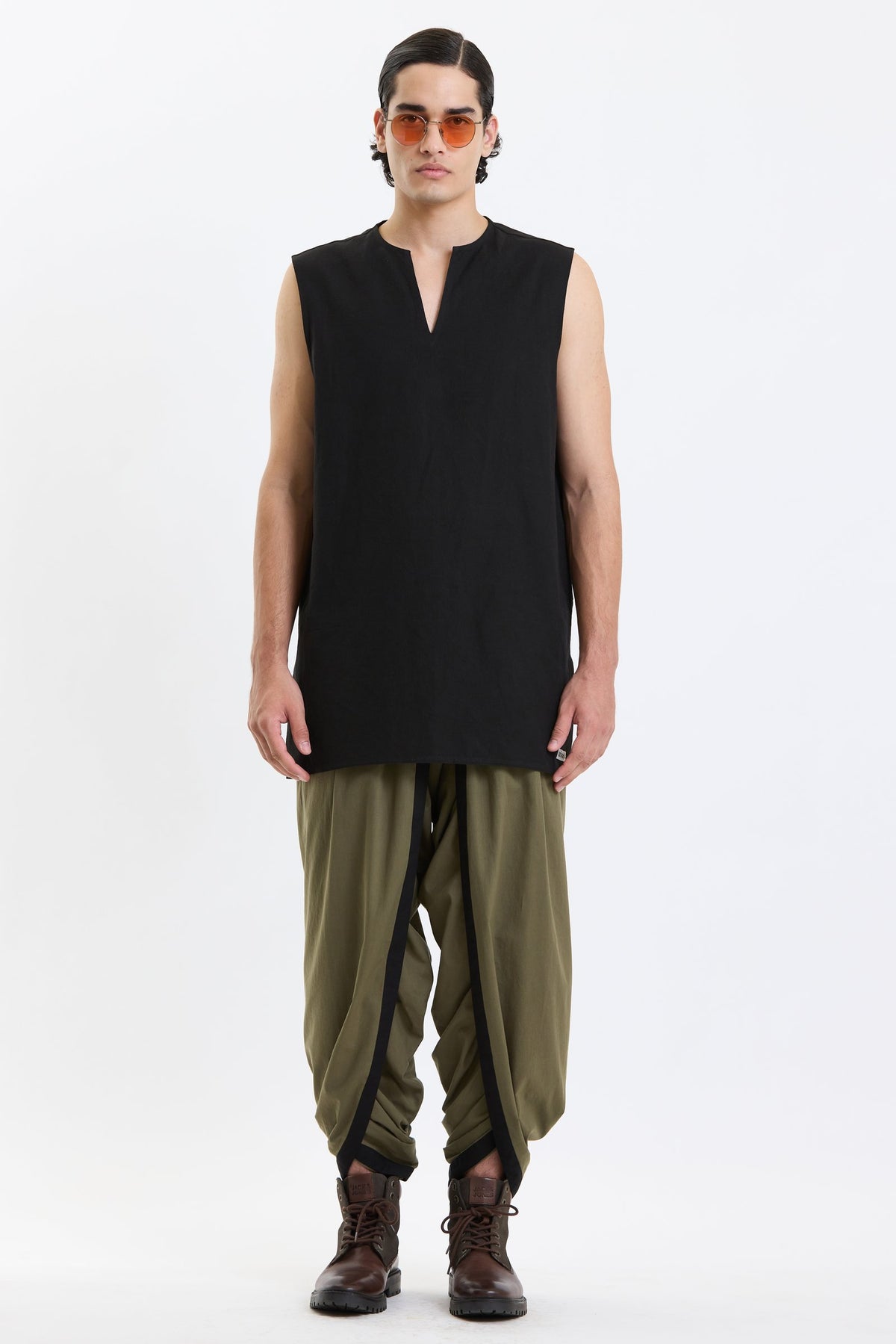 V Neck Vest – Black by Swasthii, worn by a model – view 1