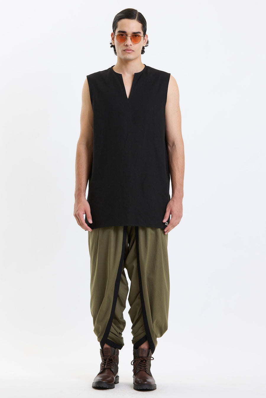 V Neck Vest – Black by Swasthii, worn by a model – view 1