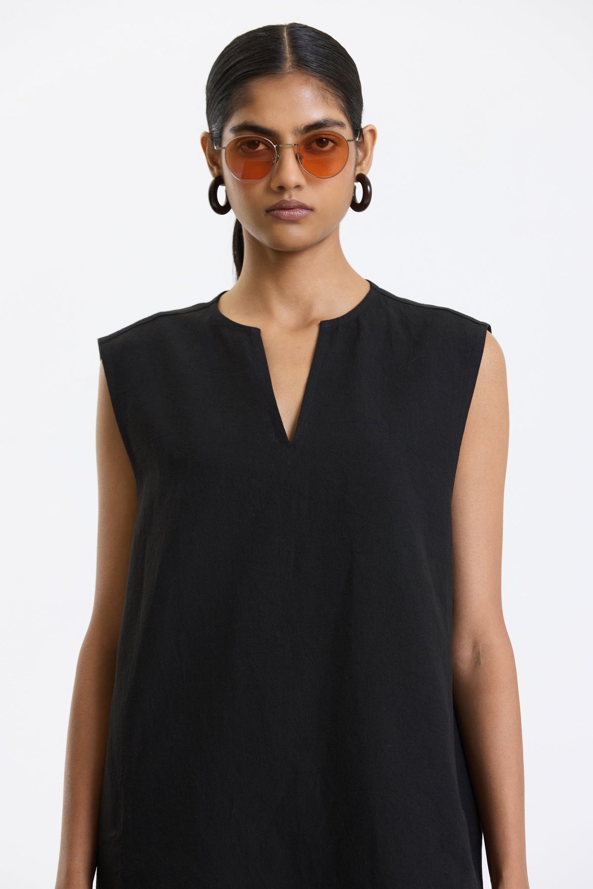 V Neck Vest – Black by Swasthii, worn by a model – view 2