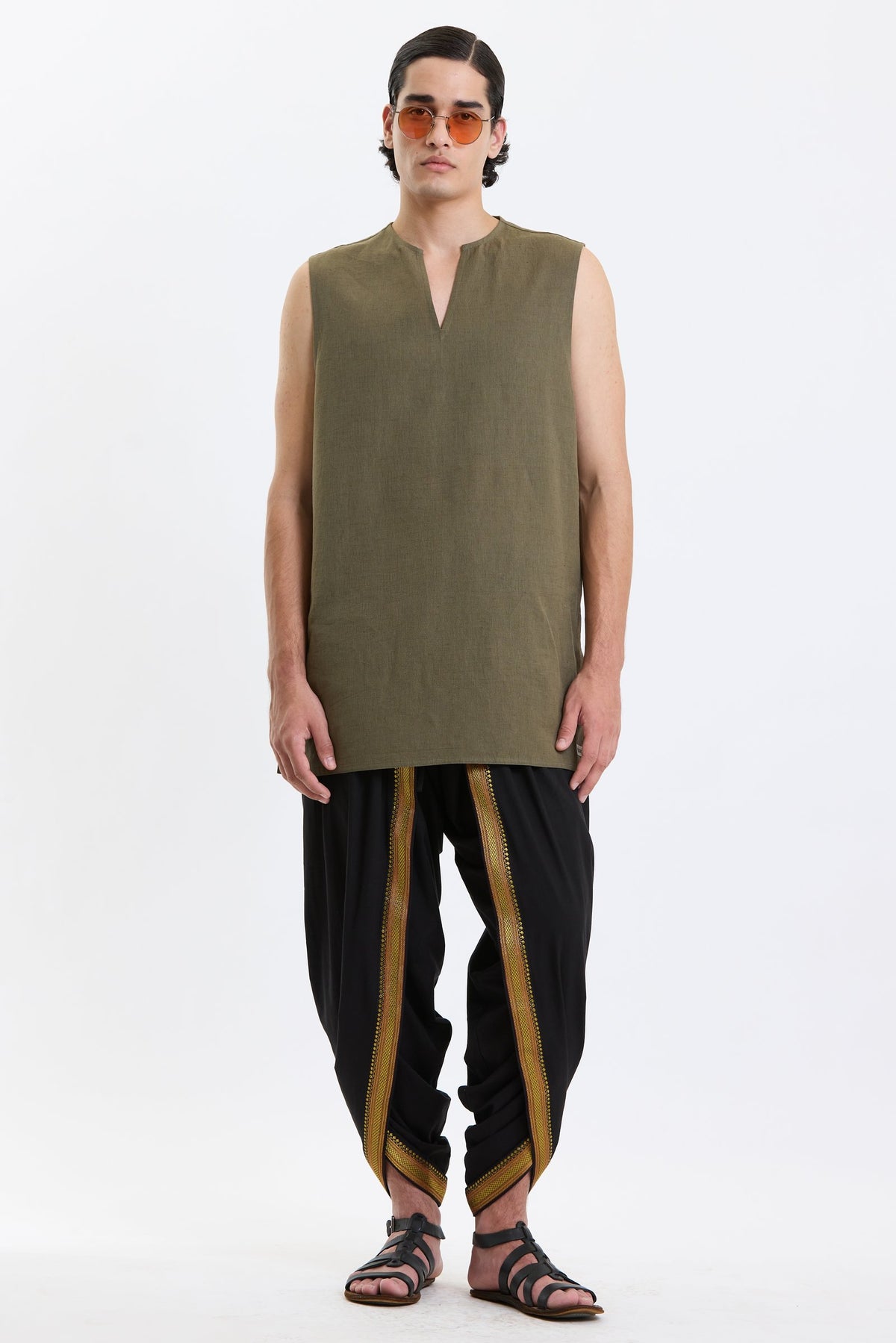 V Neck Vest – Olive Green by Swasthii, worn by a model – view 1