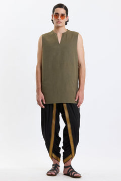 V Neck Vest – Olive Green by Swasthii, worn by a model – view 1