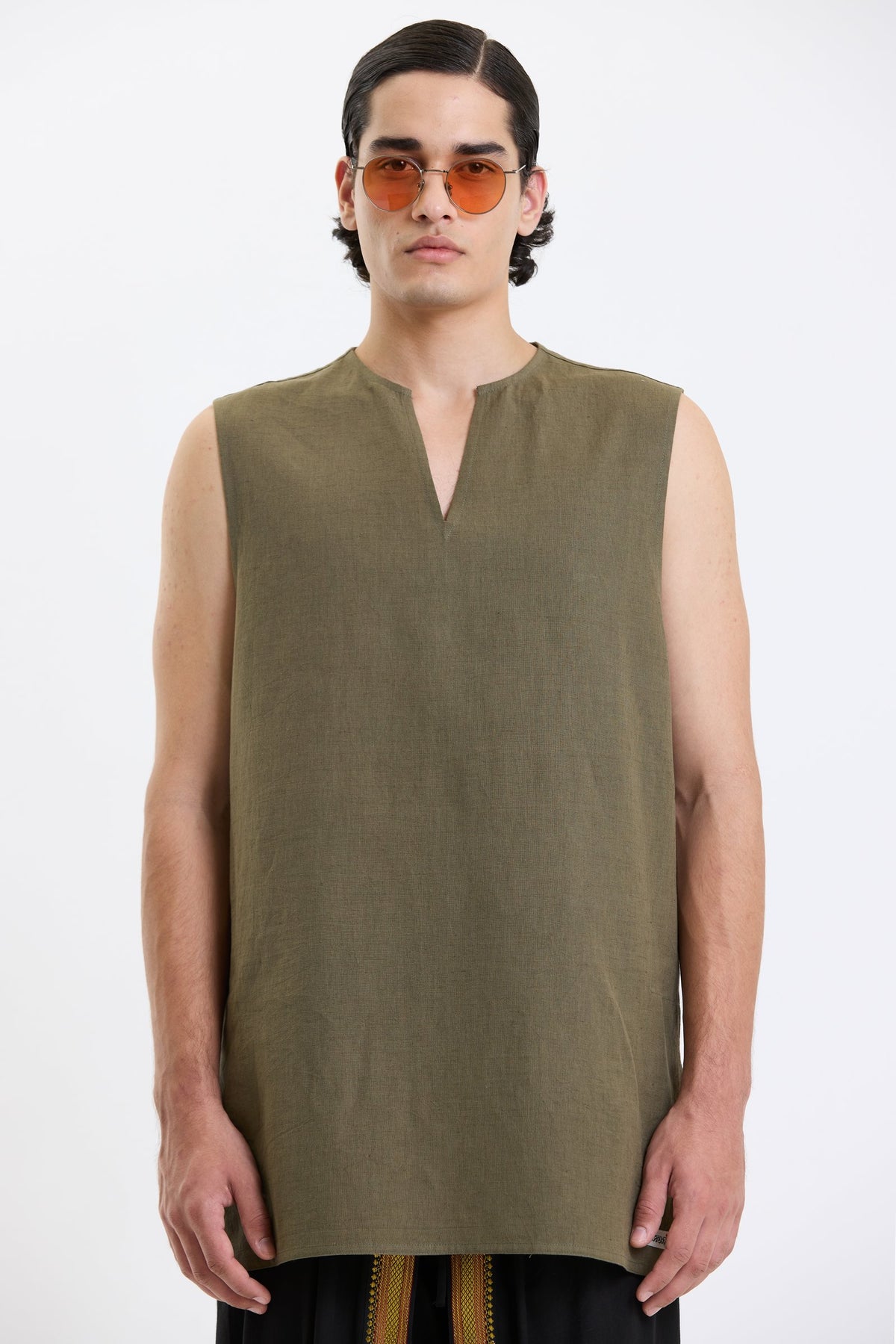 V Neck Vest – Olive Green by Swasthii, worn by a model – view 2