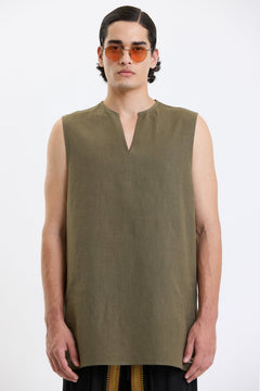 V Neck Vest – Olive Green by Swasthii, worn by a model – view 2