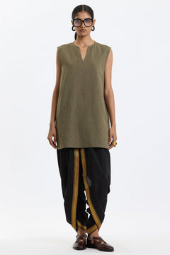 V Neck Vest – Olive Green by Swasthii, worn by a model – view 1