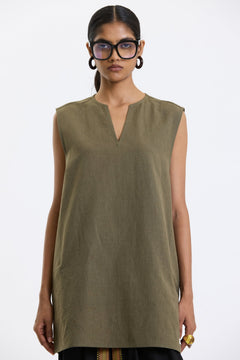 V Neck Vest – Olive Green by Swasthii, worn by a model – view 2