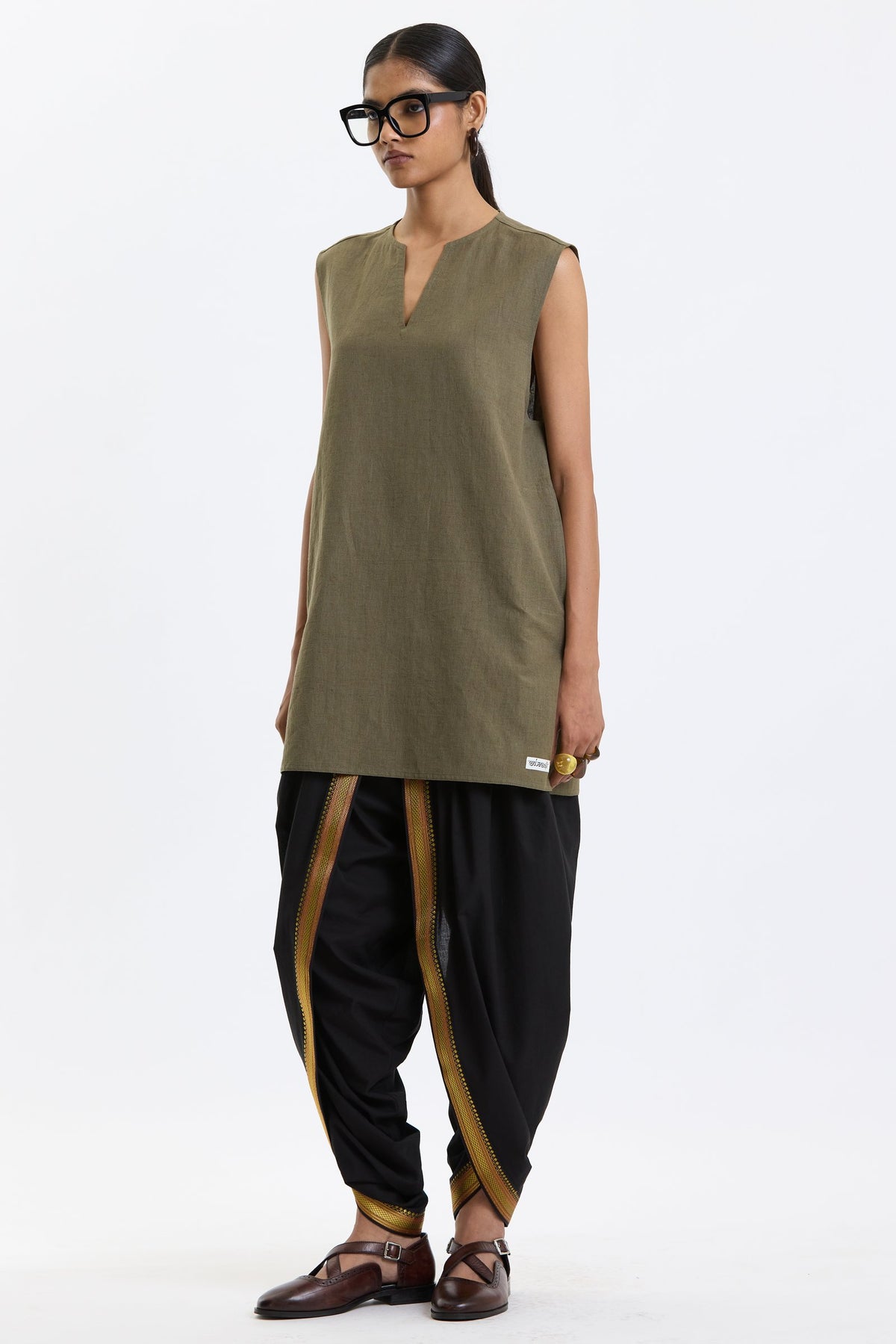 V Neck Vest – Olive Green by Swasthii, worn by a model – view 4