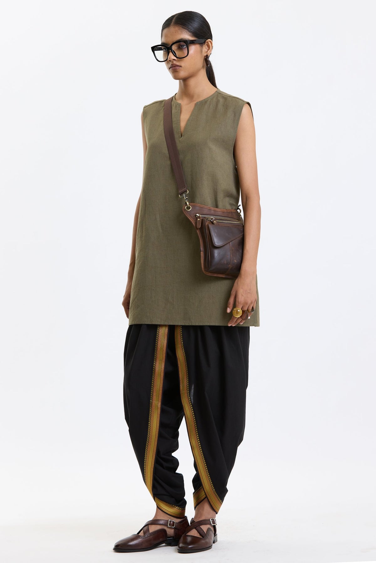 V Neck Vest – Olive Green by Swasthii, worn by a model – view 5