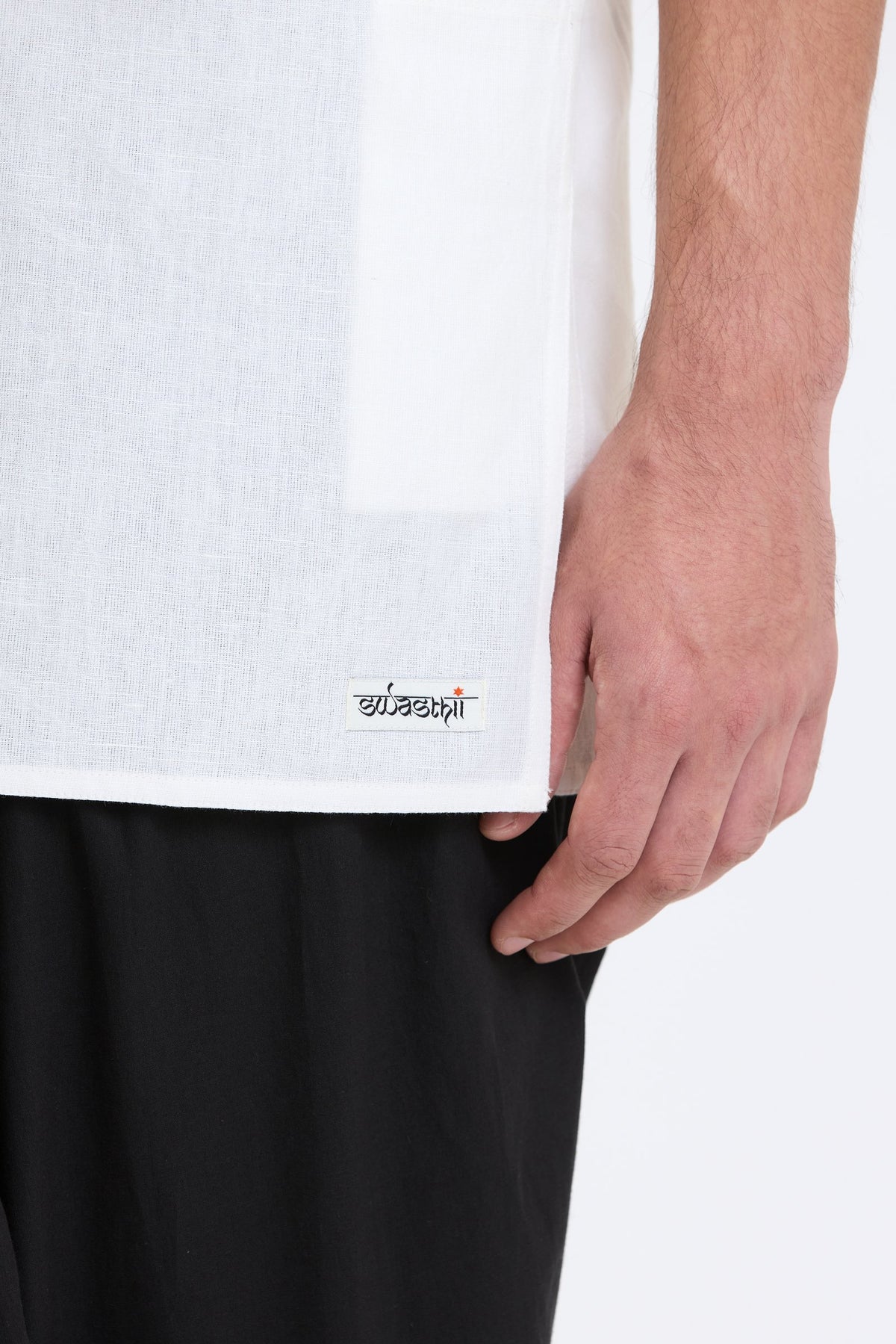 V Neck Vest – White by Swasthii, worn by a model – view 3